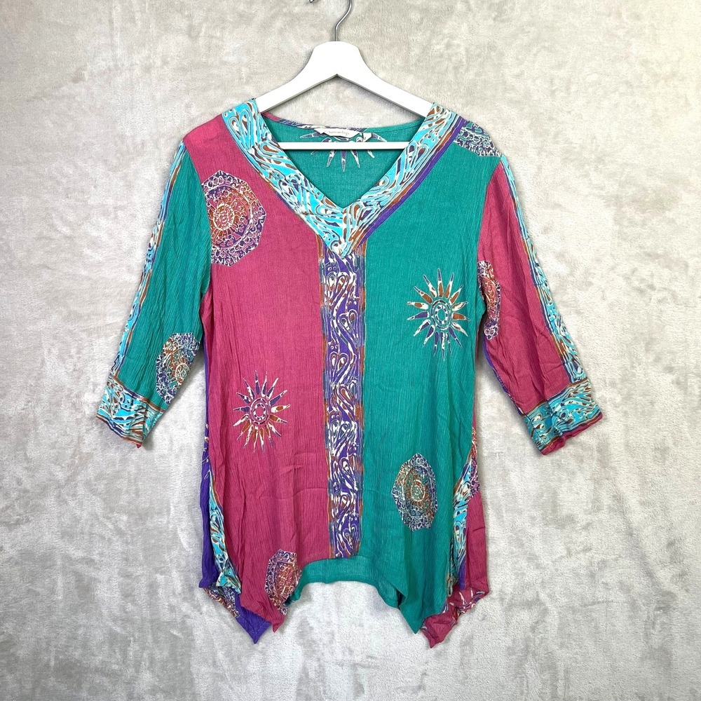 Soft Surroundings Blouse M Mystic Batik Crinkle Gauze V-Neck Teal Tunic Top Boho